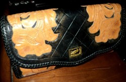 LOVELY HAND TOOLED BLACK/LIGHT BROWN DESIGN LEATHER CLUTCH PURSE